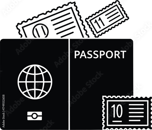 Black passport with globe icon and visa stamps representing international travel and immigration documents
