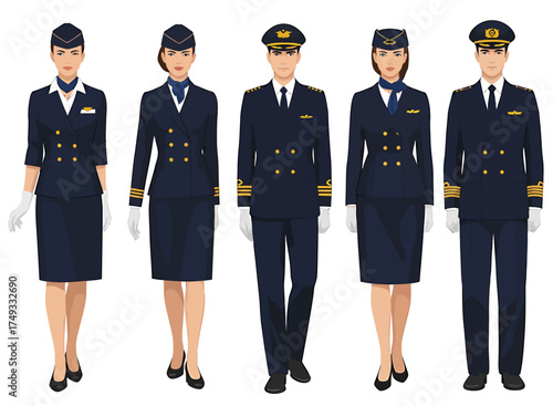 Five figures in dark navy airline uniforms with gold accents