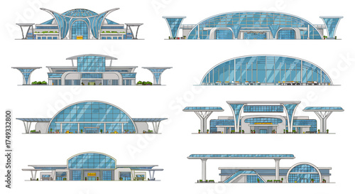 Eight stylized vector illustrations of modern glass and steel transportation terminal buildings
