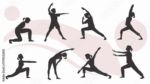Diverse Fitness Exercise Silhouettes Active People Stretching Warm Up Routine for Healthy Lifestyle Wellness Program Web Design