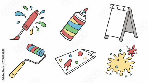 Colorful Art Supplies Paint Roller Spray Can Easel Water Gun and Vibrant Splatters for Kids Creative Fun and DIY Projects