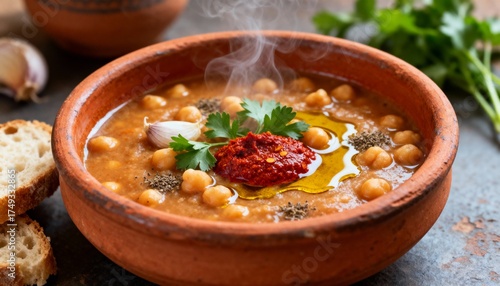 Hot chickpea soup in clay bowl with spices