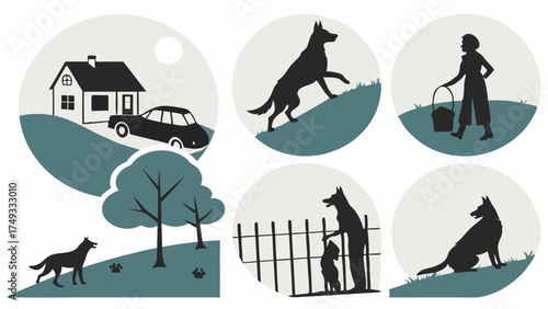 Minimalist Silhouette Dogs and Pet Owners in Suburban Home Nature Daily Chores Outdoor Walks Family Companionship