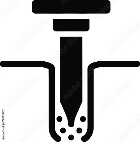 Black silhouette icon of a laser drilling into a surface creating small holes and debris