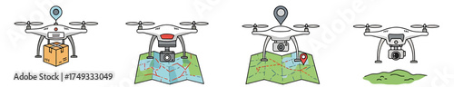 Four illustrations of white quadcopter drones performing different tasks