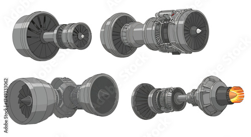 Four sectional diagrams of gray turbofan jet engines on a white background