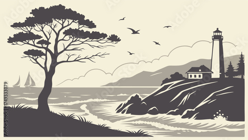 Vintage Lighthouse on Coastal Cliff with Ocean Waves, Sailboat, and Tree. Guiding Nautical Landscape Illustration for Travel, Maritime, and Branding.