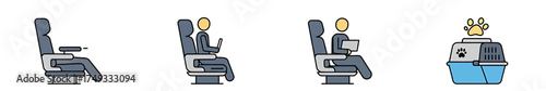 Icons depicting airplane seats a passenger working and a pet carrier