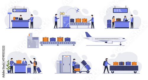 Illustration of various scenes depicting airport checkin security baggage handling and aircraft