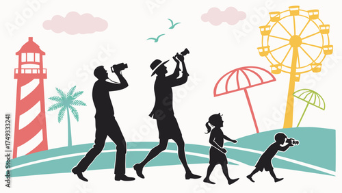 Happy Family Silhouettes Discovering Coastal Vacation Destination. Summer Holiday Travel, Beach Adventure, and Tourism Marketing
