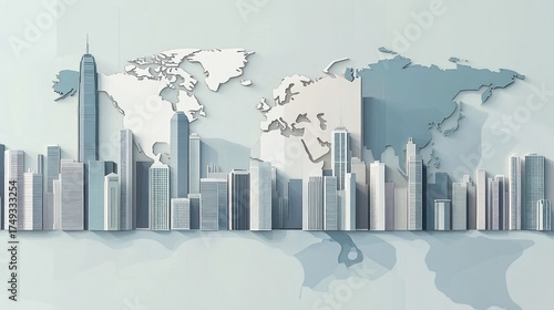 Global city skyline, world map background, conceptual, illustration, business, future, design, illustration