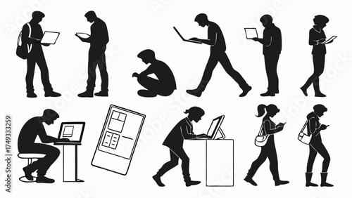 Diverse People Silhouettes Using Laptops Smartphones Tablets and Digital Kiosks Modern Technology Online Work and Connected Lifestyle