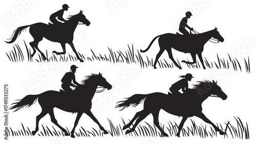 Dynamic Horse Riders Galloping Silhouettes in Grassy Field Vector Illustration. Equestrian Sport, Outdoor Adventure, Freedom, Power, Racing.
