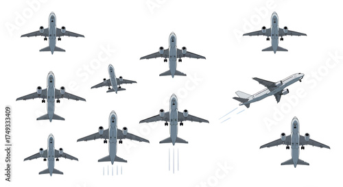 Multiple gray jet airliner illustrations shown from top and side views