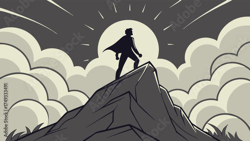 Determined Leader Graphic Illustration in Cape on Mountain Summit at Dawn for Business Success, Personal Growth, and New Opportunities