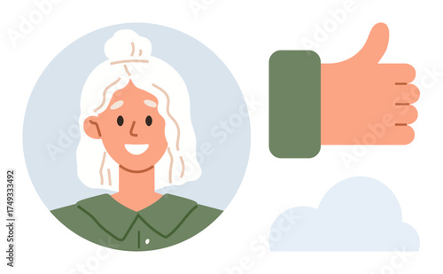 Smiling woman in a circular frame, green-sleeved thumbs-up gesture, and a simple cloud. Ideal for feedback, approval, optimism, communication, social interaction, motivation simple flat metaphor