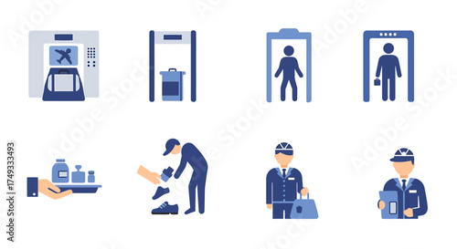 Set of blue and white icons depicting airport security and personnel actions