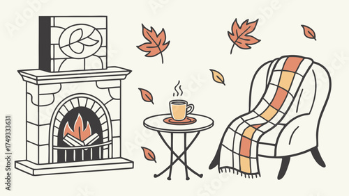 Cozy Autumn Fireplace with Armchair and Steaming Coffee. Fall Leaves for Relaxing Home Comfort and Hygge Lifestyle.