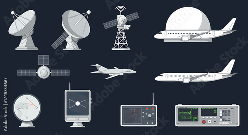 Set of gray and white communication and aviation technology icons on dark blue