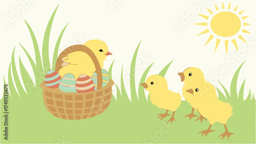 Happy Yellow Chicks and Colorful Easter Eggs in Basket on Green Grass Sunny Spring Holiday Illustration for Kids Marketing Family Events and Festive Promotions