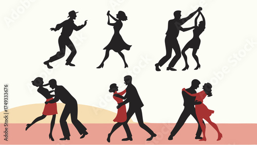 Energetic Dance Silhouettes of People Moving Joyfully. Social Dance Classes, Party Invitations, Lively Lifestyle, Event Promotion.