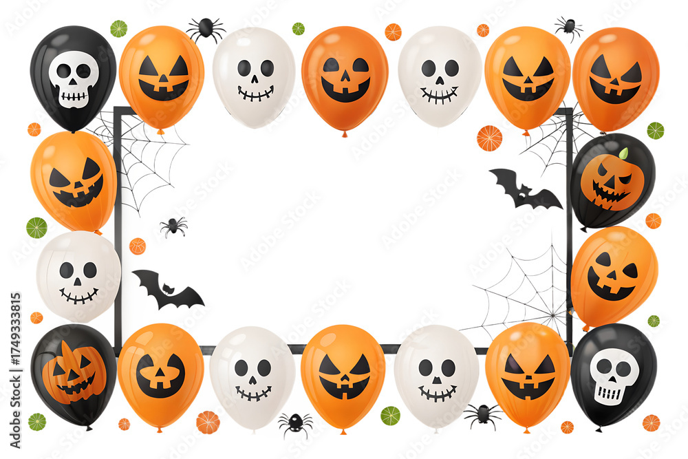 Obraz premium Halloween balloon border with spooky pumpkin faces, skulls, bats and spiders on a transparent PNG background. Festive trick-or-treat frame for posters, party invitations, banners or social media templ