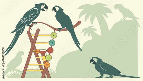 Playful Macaw Parrots Interacting on a Toy Stand. Exotic Tropical Birds Communicating in a Natural Setting. Pet Care and Wildlife Illustration.