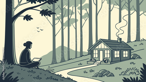 Woman Focused on Tablet Under Tree by Cozy Forest Cabin Peaceful Nature Retreat for Remote Work Digital Detox and Mindful Living