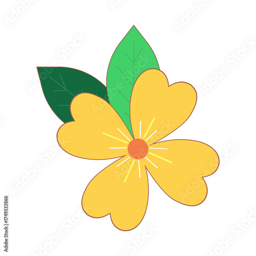 Yellow tropical flower with green leaves for greeting cards, isolated on white background. Vector.