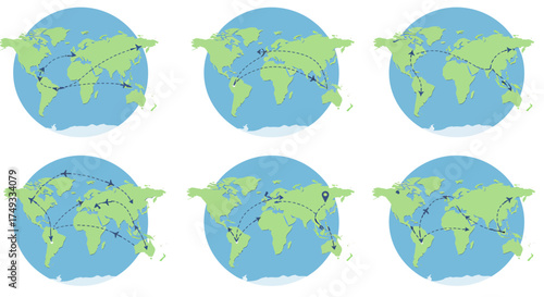 Six circular world map illustrations showing various airplane flight paths