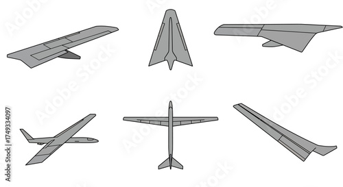 Six gray line drawings illustrating various aircraft wing and fuselage configurations