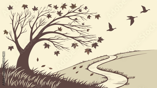 Peaceful Autumn Landscape Illustration with Bare Tree Falling Leaves Winding River and Flying Geese. Seasonal Nature Background for Web and Marketing