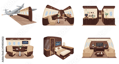 Six illustrations depicting various luxurious private jet interior configurations and exterior view