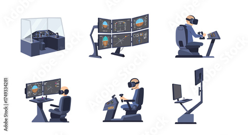 Six illustrations of flight simulation setups including cockpits multimonitor displays and VR users