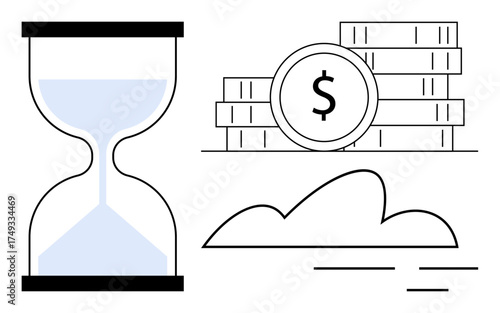 Hourglass, coin stack with dollar sign, and abstract cloud lines. Ideal for time value, investment, productivity, finance, savings planning efficiency. Simple flat metaphor