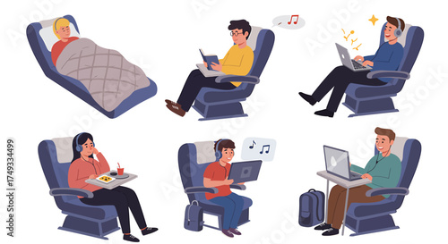 Six passengers seated on airline seats engaging in various activities