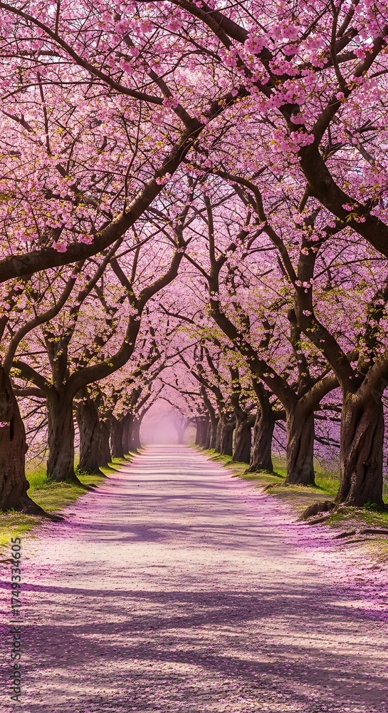 Naklejka premium Cherry Blossom Path - A Serene Springtime Walkway.