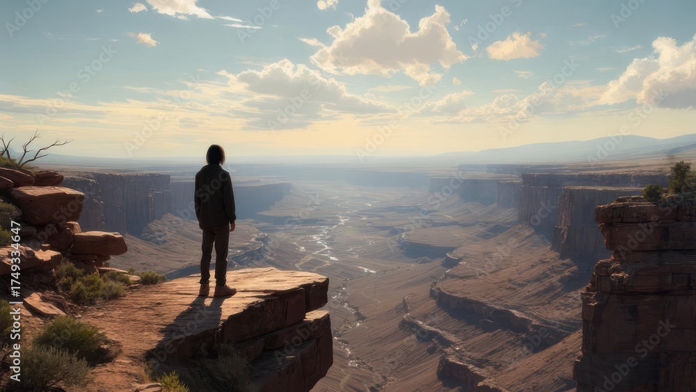 Fototapeta premium Lone figure on cliff edge overlooking vast canyon landscape under cloudy sky.