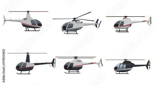 Six sideview illustrations of helicopters in light and dark color schemes