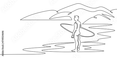 Continuous single line drawing Surfer on the seashore. Surfer with a board against a rocky landscape. Surfing in the ocean. Linear . One continuous line isolated minimalist illustration. Not AI.