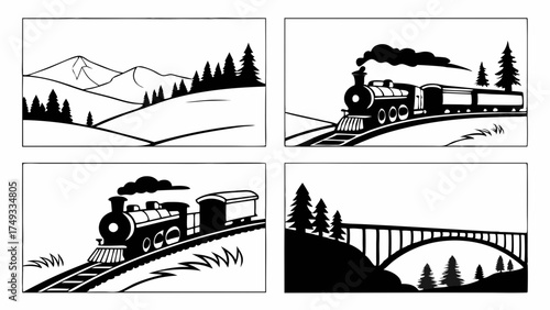 Classic Steam Train Journey Illustration. Black and White Graphic Art Depicting Mountain Landscapes, Railway Tracks, and Bridge for Vintage Travel and Adventure Design.