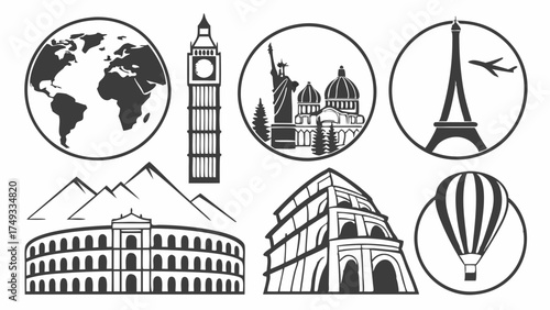 Global Travel Icons Vector Set Famous Landmarks Tourism Adventure Exploration Web Design Elements