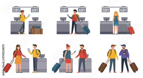 Six vignettes showing travelers at airport checkin counters with luggage