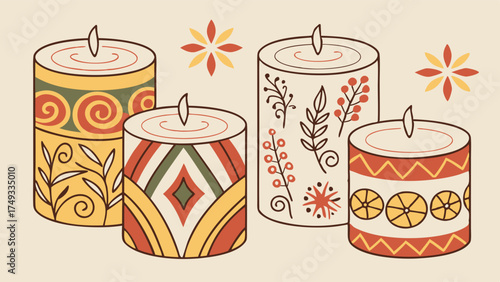 Festive Decorative Candles with Folk Art Patterns. Hand-Drawn Illustration for Cozy Autumn Winter Home Decor, Holiday Greetings, and Seasonal Web Design.