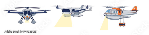 Three aerial vehicles drone eVTOL and seaplane helicopter in flight