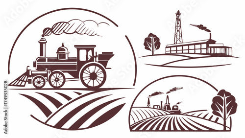 Vintage Industrial Icons Set Steam Train Oil Rig Factory and Farm Fields Illustrating Historical Progress and Economic Growth