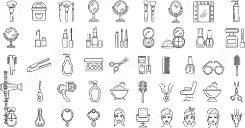 Beauty and salon line icon set, makeup tools, cosmetics, skincare, hairstyle, fashion accessories, spa, elegance, and feminine style collection.