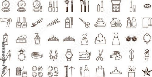 Beauty and fashion icon set, makeup, cosmetics, hairstyle, accessories, dress, jewelry, sewing tools, skincare, luxury, and glamour elements.