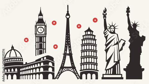 World Travel Landmarks Silhouette. Global Tourism Vacation Adventure. International Journey Exploration Destinations.