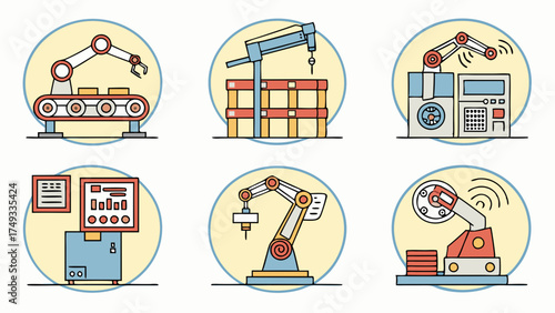 Industrial Robots Automation Icons for Modern Manufacturing Smart Factory Production and Engineering Technology